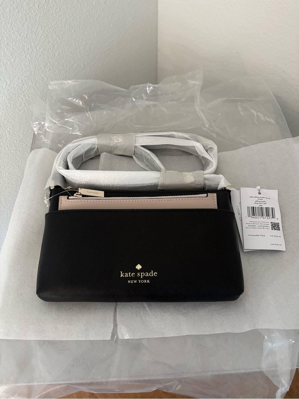 Kate Spade Black and Blush Leather Top Zip Crossbody Bag